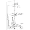 A technical diagram of a mobile computer workstation on wheels, showing dimensions and angles. Voir les images du produit