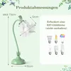 A diagram showing the dimensions of a flower-shaped desk lamp, along with images of different types of light bulbs. Produktbild-Vorschau
