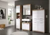 A modern bathroom vanity set with white high-gloss cabinets and oak-effect wood accents. Produktbild-Vorschau