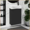 A modern black vanity unit with a white sink and a black faucet, set against a marble-effect wall. Podgląd zdjęcia produktu