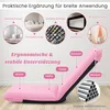 A marketing image showing a pink floor chair with various usage scenarios and feature callouts. Produktbild-Vorschau