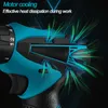 Close-up of a cordless drill, highlighting its motor cooling system with green light effects indicating airflow. Produktbild-Vorschau