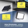 A solar-powered light and its separate solar panel are shown mounted on a wall, with text overlays explaining their functions. Produktbild-Vorschau