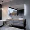 A modern bathroom with a large LED mirror, double vanity, and bathtub. Produktbild-Vorschau