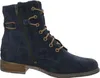 A side view of a navy blue suede boot with brown laces and a brown sole. Podgląd zdjęcia produktu