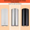 Three different colored kitchen extractor hoods are displayed side-by-side against a light orange and white background. Produktbild-Vorschau