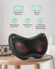 A black massage pillow with red massage balls is placed on a wooden table, with icons and text describing its features above it. Produktbild-Vorschau