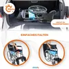 A wheelchair being loaded into the trunk of a car and then folded, with accompanying text and graphics. Produktbild-Vorschau