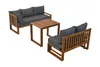 A three-piece outdoor furniture set consisting of a corner sofa, a separate sofa, and a coffee table, all made of wood with gray cushions. Produktbild-Vorschau
