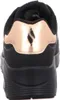 The back view of a black Skechers sneaker with rose gold accents. Voir les images du produit