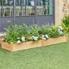 A wooden raised garden bed filled with various flowers and plants, placed on a green lawn in front of a building with large windows. Produktbild-Vorschau