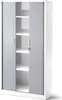 A white and gray filing cabinet with rolling doors and shelves. Produktbild-Vorschau