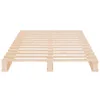 A simple wooden bed frame made of pine wood slats, shown from the front on a white background. Produktbild-Vorschau