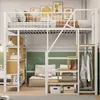 A loft bed with integrated shelving and a small seating area underneath, set in a room with decorative wall art. Voir les images du produit