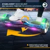 A hoverboard with lights and arrows indicating its features, with text overlays. Produktbild-Vorschau