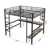 A diagram of a black metal bunk bed with integrated desks and shelves, showing various dimensions. Náhled obrázku produktu