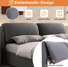 A close-up view of a bed's headboard with pillows, featuring marketing text and icons highlighting product features. Produktbild-Vorschau