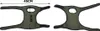 Two views of a green knee pad with black trim and straps, shown on a white background. Dimensions are indicated with text. Voir les images du produit