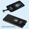 A wireless charging receiver is shown in two configurations: one floating and one attached to a smartphone. Voir les images du produit