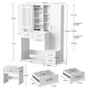 A diagram showing the dimensions of a white vanity table set with a stool and drawers. Produktbild-Vorschau