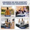 A collage of four images showing an inflatable mattress being used in different settings: outdoors, indoors with a family, during a move, and for guests. Podgląd zdjęcia produktu