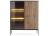 A modern display cabinet with a glass door and wooden slatted door, illuminated by LED lights. Produktbild-Vorschau