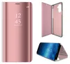 A collage of images showing a rose gold flip case for a smartphone, including a closed view, an open view, and a phone inside the case. Produktbild-Vorschau