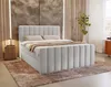 A light gray upholstered bed with a headboard and mattress is shown in a bedroom setting with curtains and a rug. Produktbild-Vorschau