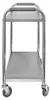 A side view of a stainless steel serving cart with two shelves and wheels. Produktbild-Vorschau