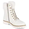 A white winter boot with fur trim and beige laces is shown against a white background. Produktbild-Vorschau