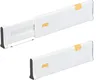 A collage showing a white, adjustable drawer divider with yellow accents in two states: extended and retracted. Produktbild-Vorschau