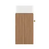 A minimalist bathroom vanity with a white sink on top of a wooden cabinet with a gold handle, shown from the side against a white background. Produktbild-Vorschau