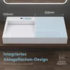 A white sink with integrated storage area is shown on a wooden surface, with dimensions and text overlays. Produktbild-Vorschau