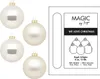 Four white Christmas baubles are displayed on the left side of the image, with packaging information on the right. Produktbild-Vorschau
