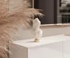 A white TV lowboard with a bust sculpture and pampas grass in front of a mirror reflecting text. Produktbild-Vorschau