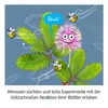 A cartoon illustration of a mimosa plant with bees and a speech bubble, accompanied by text about growing mimosa and experiments. Produktbild-Vorschau