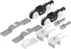 A set of sliding door hardware components, including rollers, brackets, and pins, arranged on a white background. Produktbild-Vorschau