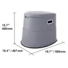 A gray portable camping toilet with dimensions indicated by lines and text. Produktbild-Vorschau
