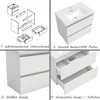 A collage of four images showing different aspects of a white bathroom vanity. The top left shows an exploded diagram of the cabinet assembly. The top right shows the assembled vanity with a ceramic sink. The bottom left shows the exterior of the vanity wi Produktbild-Vorschau