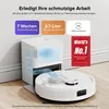 A white robot vacuum cleaner is docked with its charging station, which is shown with a cutaway illustrating dust being transferred. Marketing text and badges are overlaid. Produktbild-Vorschau