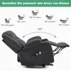 A recliner chair shown in various positions with text overlays indicating different uses and angles. Produktbild-Vorschau