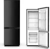 A black refrigerator with its door open, showing the interior compartments and shelves. Produktbild-Vorschau