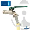 A close-up shot of a faucet with a green handle and a hose connector, with a graphic overlay and text. Produktbild-Vorschau