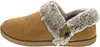 A side view of a single brown slipper with faux fur trim and a button accent. Produktbild-Vorschau