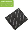 A black filter material with text printed on it, placed diagonally on a white background. Produktbild-Vorschau