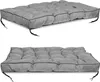 Two views of a gray tufted cushion with black piping and ties, presented on a white background. Náhled obrázku produktu
