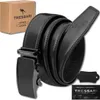 A black leather belt with an automatic buckle and its packaging, along with a certificate of authenticity. Náhled obrázku produktu