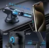 A car dashboard with a magnetic phone mount holding a smartphone. The mount is shown with adjustable arms and a suction cup base. Smaller inset images demonstrate the mount's rotation capabilities. Anteprima dell’immagine prodotto