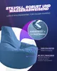 A blue beanbag chair with marketing text and graphics highlighting its features. Produktbild-Vorschau