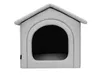 A light gray dog house with a dark interior is shown against a white background. Podgląd zdjęcia produktu